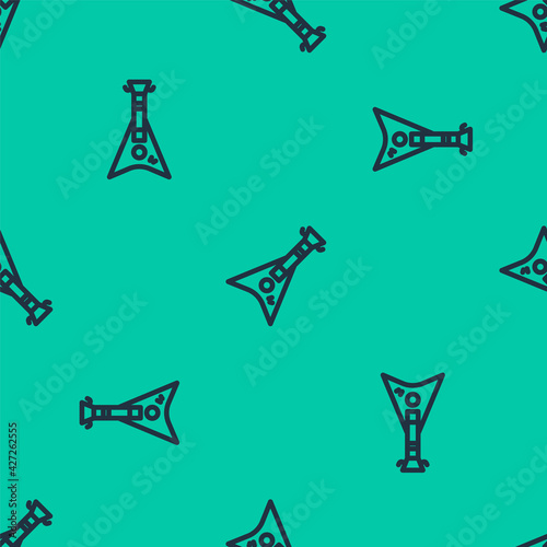 Blue line Electric bass guitar icon isolated seamless pattern on green background. Vector