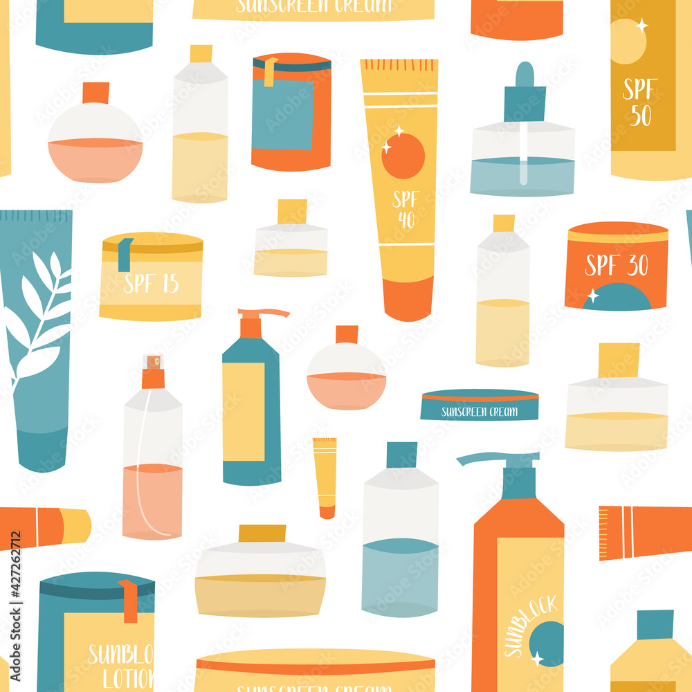 Sunscreen products in different bottles. Sunblock lotion, oil, gel, moisturizer, spray. UV protection, skin care with SPF. Vector seamless pattern, flat cartoon illustration