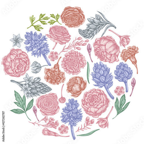 Round floral design with pastel peony, carnation, ranunculus, wax flower, ornithogalum, hyacinth