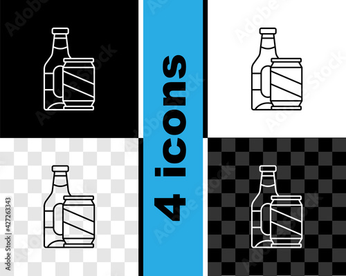 Set line Beer bottle and beer can icon isolated on black and white, transparent background. Vector