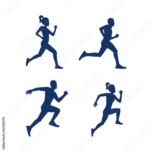 Runners on sprint men and women. Set of silhouettes.  