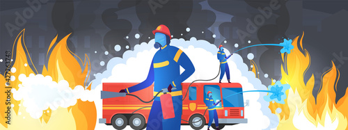 Experienced firefighters on mission, rescue work, extinguishing fire, dangerous profession, cartoon style, vector illustration.