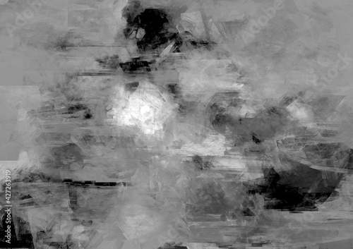 Grey background Monochrome abstract painting texture Arbitrary smears Rough pattern Plaster surface Distress painted black white illustration Modern design.