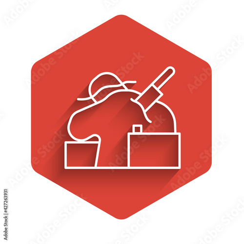 White line Murder icon isolated with long shadow. Body, bleeding, corpse, bleeding icon. Concept of crime scene. Red hexagon button. Vector