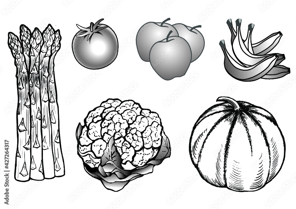 dessins fruits légumes noir et blanc