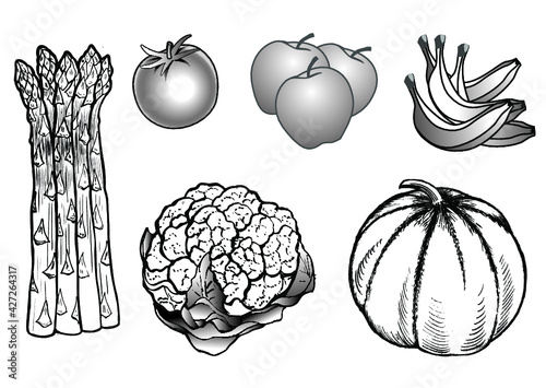 dessins fruits légumes noir et blanc