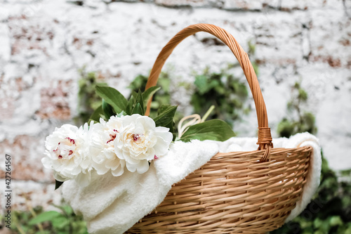 Bouquet of white peonies flowers in basket outside against white wall. Spring flowers. Cut peonies in garden.