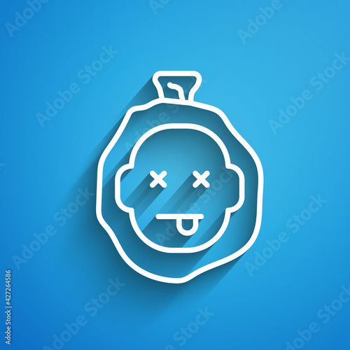 White line Murder icon isolated on blue background. Body, bleeding, corpse, bleeding icon. Dead head. Concept of crime scene. Long shadow. Vector