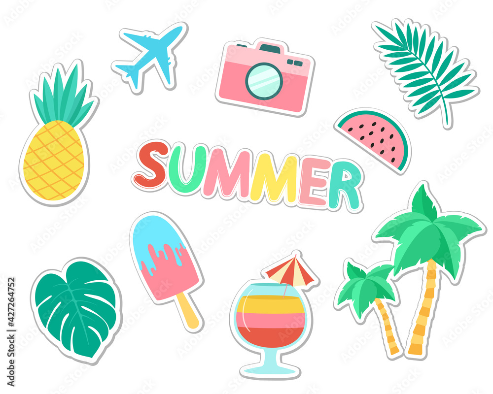 Set of cute vector stickers. Collection of summer elements in flat style. Isolated on a white background. Travel, vacation, beach illustration