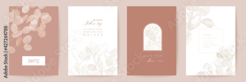 Mothers day floral vector card. Greeting lunaria flowers template design. Watercolor minimal postcard set