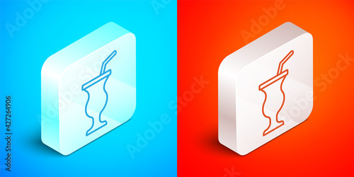 Isometric line Milkshake icon isolated on blue and red background. Plastic cup with lid and straw. Silver square button. Vector