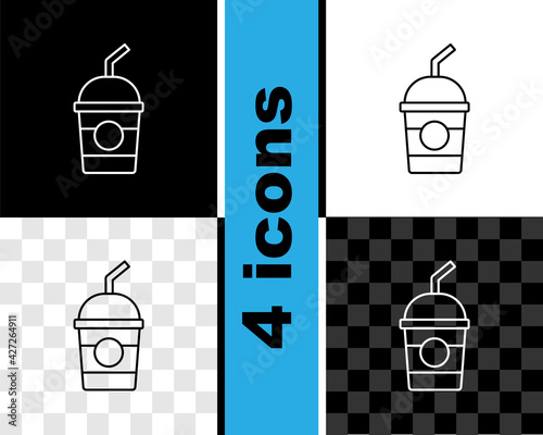 Set line Milkshake icon isolated on black and white, transparent background. Plastic cup with lid and straw. Vector