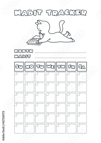 Habit tracker. Printable monthly habit tracker template with a cute cat reading a book. Vector 10 ESP.