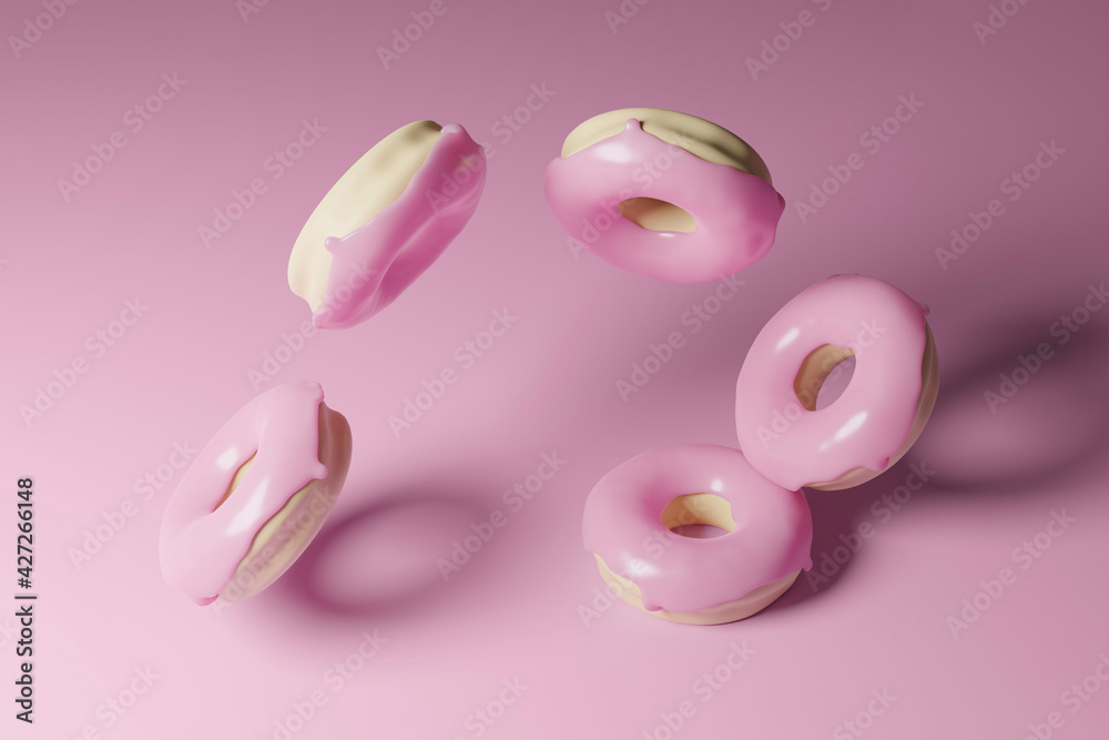 3d render of pink falling donuts