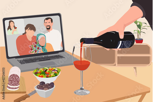 Lockdown video call with family. Adult men are making a pre-meal aperitif with snacks, wine, and  appetizers together at home using teleconference platform apps 