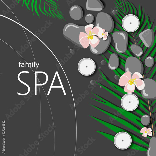 concept of spa procedure. Palm tree leaf, candles and tropical flowers photo