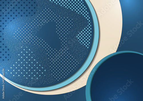 Abstract background with overlapping circles and dots. Chaotic movement. Round banner with blank space for text. Vector
