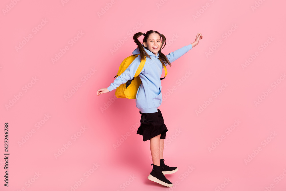 Full length body size profile side view of lovely funny trendy cheerful girl jumping having fun isolated over pink pastel color background Full length body size profile side view of lovely funny trendy cheerful girl jumping having fun isolated over pink pastel color background