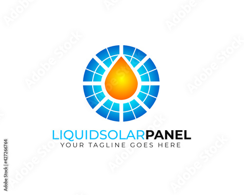 liquid solar panel logo with solar cell and water drops