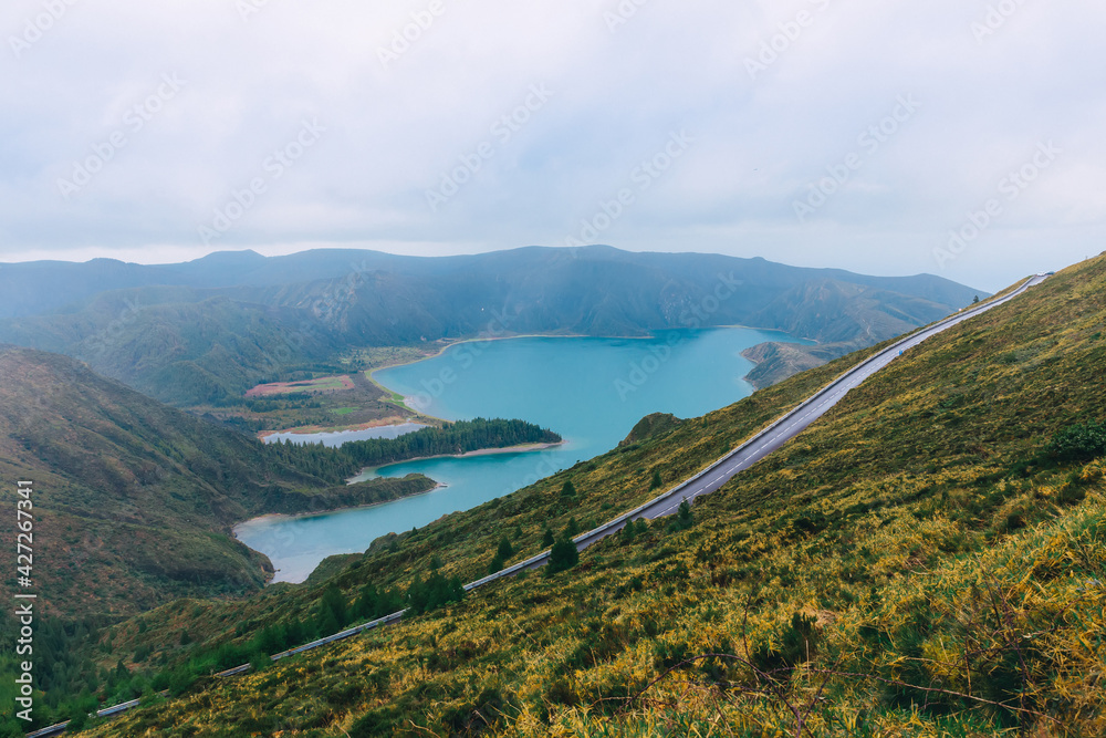 Panoramic landscape with beautiful blue crater lake Lagoa do Fog