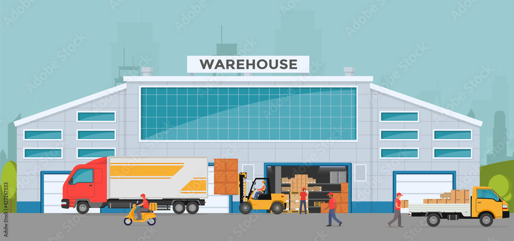 Warehouse out side. Big warehouse and transportation beside. Boxes on pallet shelves people loaders working of warehouse