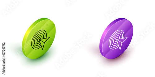 Isometric line Target financial goal concept icon isolated on white background. Symbolic goals achievement, success. Green and purple circle buttons. Vector