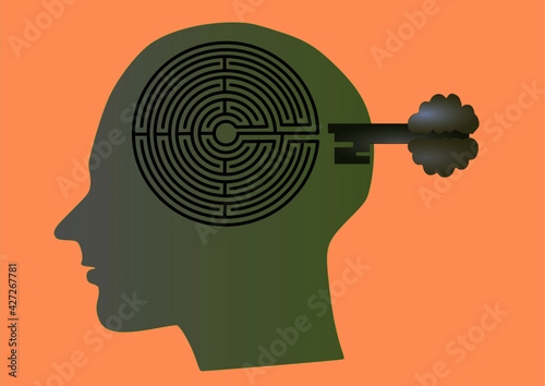 Human head with a maze inside and a key with a stylized brain at the end. Concept of the problem and its solution 