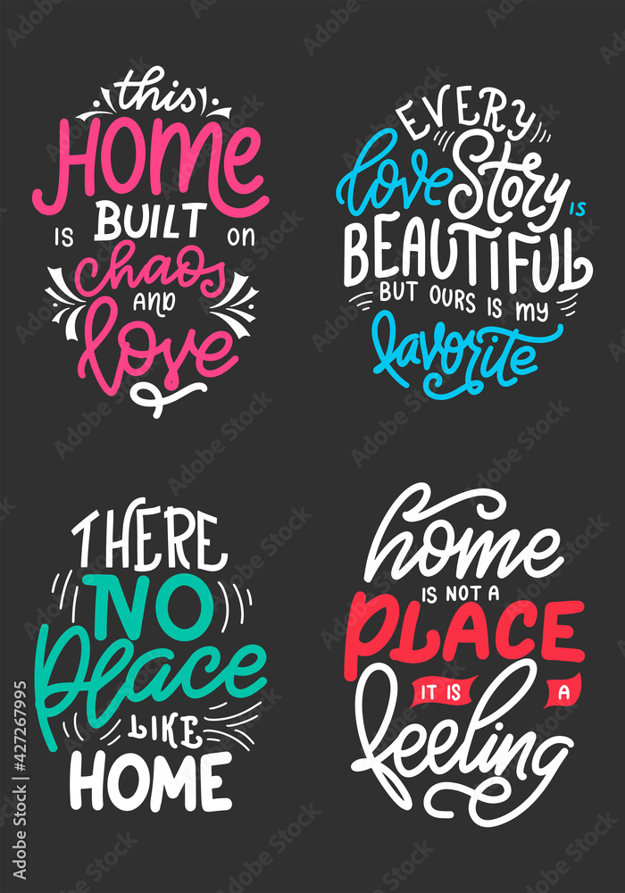 Set of home quote on blackboard background with chalk. Hand drawn lettering poster for housewarning poster, greeting card, decoration. Vector illustration