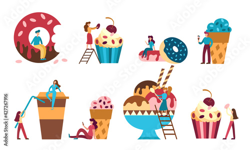 Set of men and women with different sweets, coffee, ice cream. Characters isolated on white background. Vector flat illustration