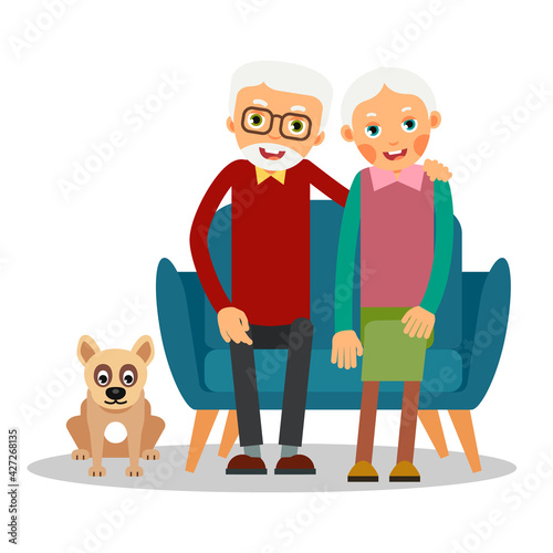 On the sofa sit elderly woman and man. Nearby on the floor sits a dog. Family portrait of elderly with animal. Married couple of pensioners at home on couch with a pet. Illustration in flat style