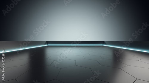 Fototapeta Naklejka Na Ścianę i Meble -  Futuristic square with glowing elements, blank wall with backlight and honey combs tiles floor, 3D rendering, mockup