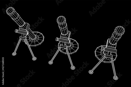 Firearm weapon army mortar and mine. Wireframe low poly mesh vector illustration