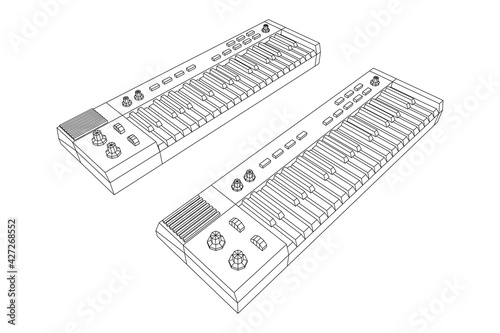 Piano roll analog synthesizer faders buttons knobs. Wireframe low poly mesh vector illustration.