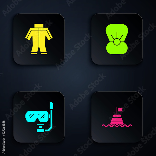 Set Floating buoy on the sea, Wetsuit, Diving mask and snorkel and Shell with pearl. Black square button. Vector