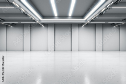 Industrial design project empty hall with led lights on top, grey walls and glossy concrete floor. 3D rendering, mock up photo