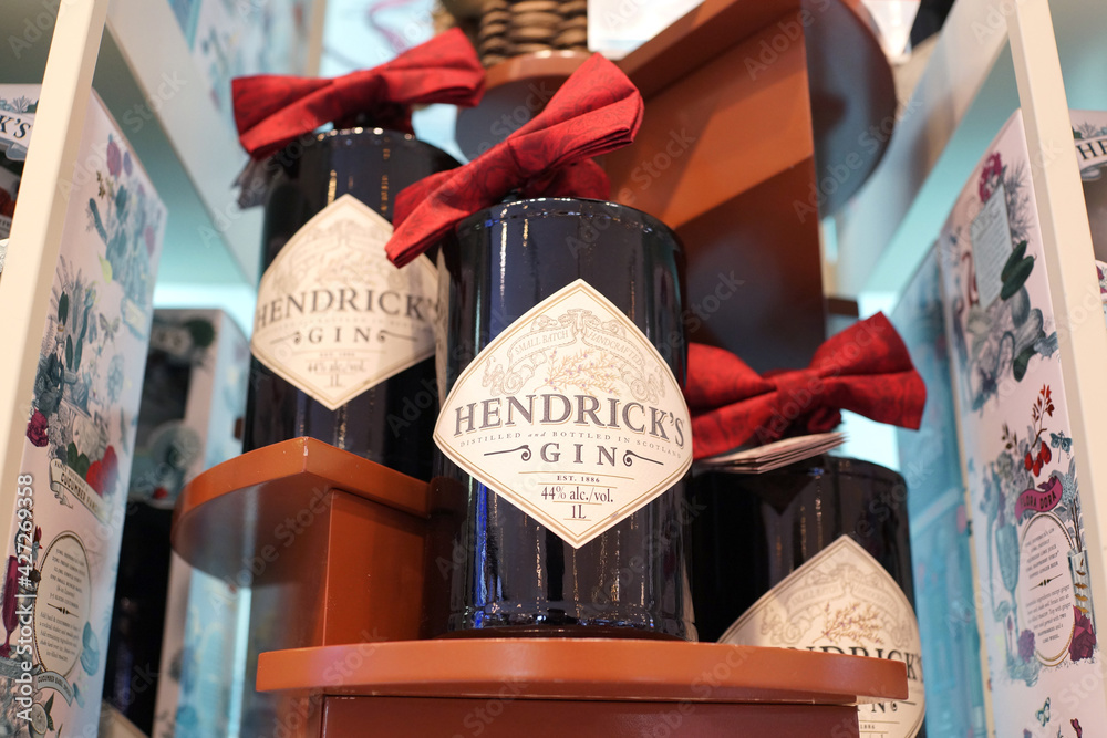 Hendrick's gin bottles display on store shelf. Hendrick's Gin is a
