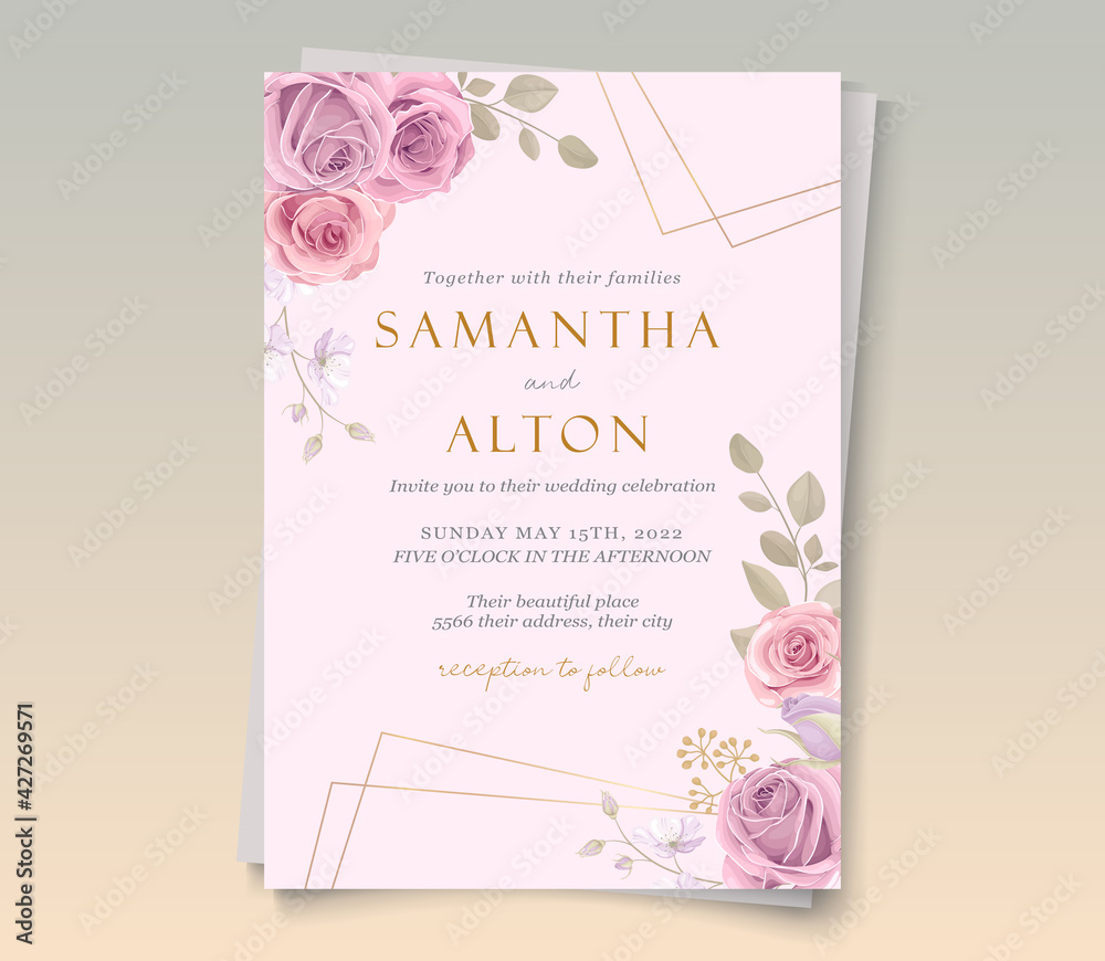 Wedding card design with beautiful blooming floral ornaments Wedding card design with beautiful blooming floral ornaments