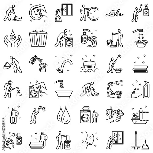 Cleaning and disinfection icon set. Washing linen, picking up garbage, wash his hands. Simple vector icons, isolated, Outline, for web application. Concept of purity and freshness.
