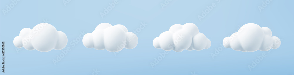 Fototapeta White 3d clouds set isolated on a blue background. Render soft round cartoon fluffy clouds icon in the blue sky. 3d geometric shapes vector illustration