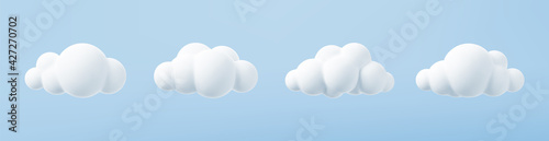 Fototapeta White 3d clouds set isolated on a blue background. Render soft round cartoon fluffy clouds icon in the blue sky. 3d geometric shapes vector illustration