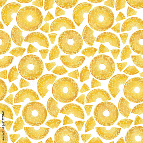 Hand drawn color sketch of pineapple seamless pattern, slices, line art, vector illustration. Tropical Exotic fruits. Detailed food drawing for print, menu, market, label, poster, wrapping paper.