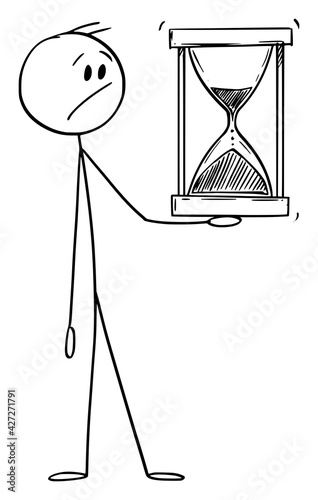 Worried Man or Businessman Holding Hourglass or Sandglass, Vector Cartoon Stick Figure Illustration