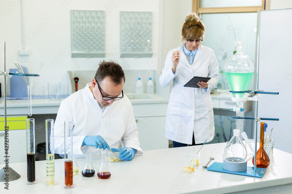 Obraz premium Two scientists working with terpene crystals in laboratory