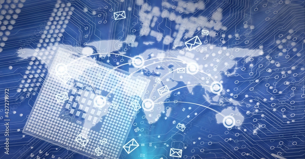 Composition of world map with digital icons over computer processor and circuit board Composition of world map with digital icons over computer processor and circuit board