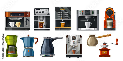 Coffee maker machines, cafe barista brewing tools