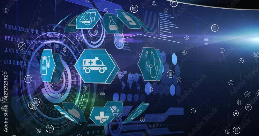 Animation of medical digital icons over scopes scanning on blue background Animation of medical digital icons over scopes scanning on blue background