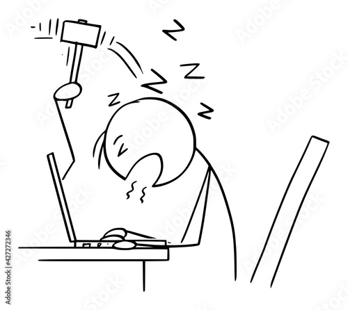 Office Worker or Businessman Sleeping While Working on Computer, Vector Cartoon Stick Figure Illustration