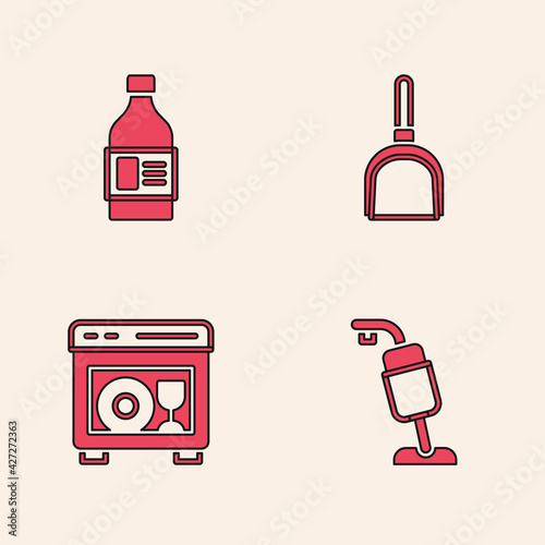 Set Vacuum cleaner, Bottle for cleaning agent, Dustpan and Dishwasher machine icon. Vector