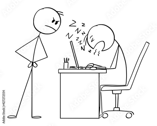Boss Looking at Employee Sleeping at Work, Vector Cartoon Stick Figure Illustration