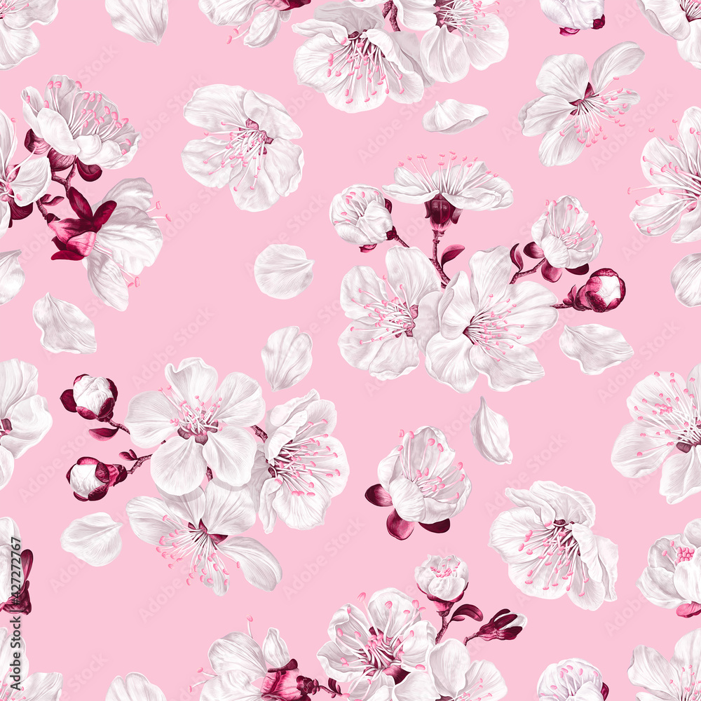 Seamless pattern with spring flowers of white sakura on pink background. Realistic, detailed vector fruit tree flowers for your surface designs, textiles, bedding, women's dresses, clothing prints.